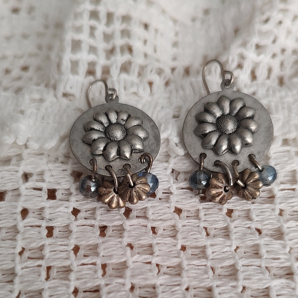 Handmade Silver-Tone Floral Drop Earrings with Gold Accents